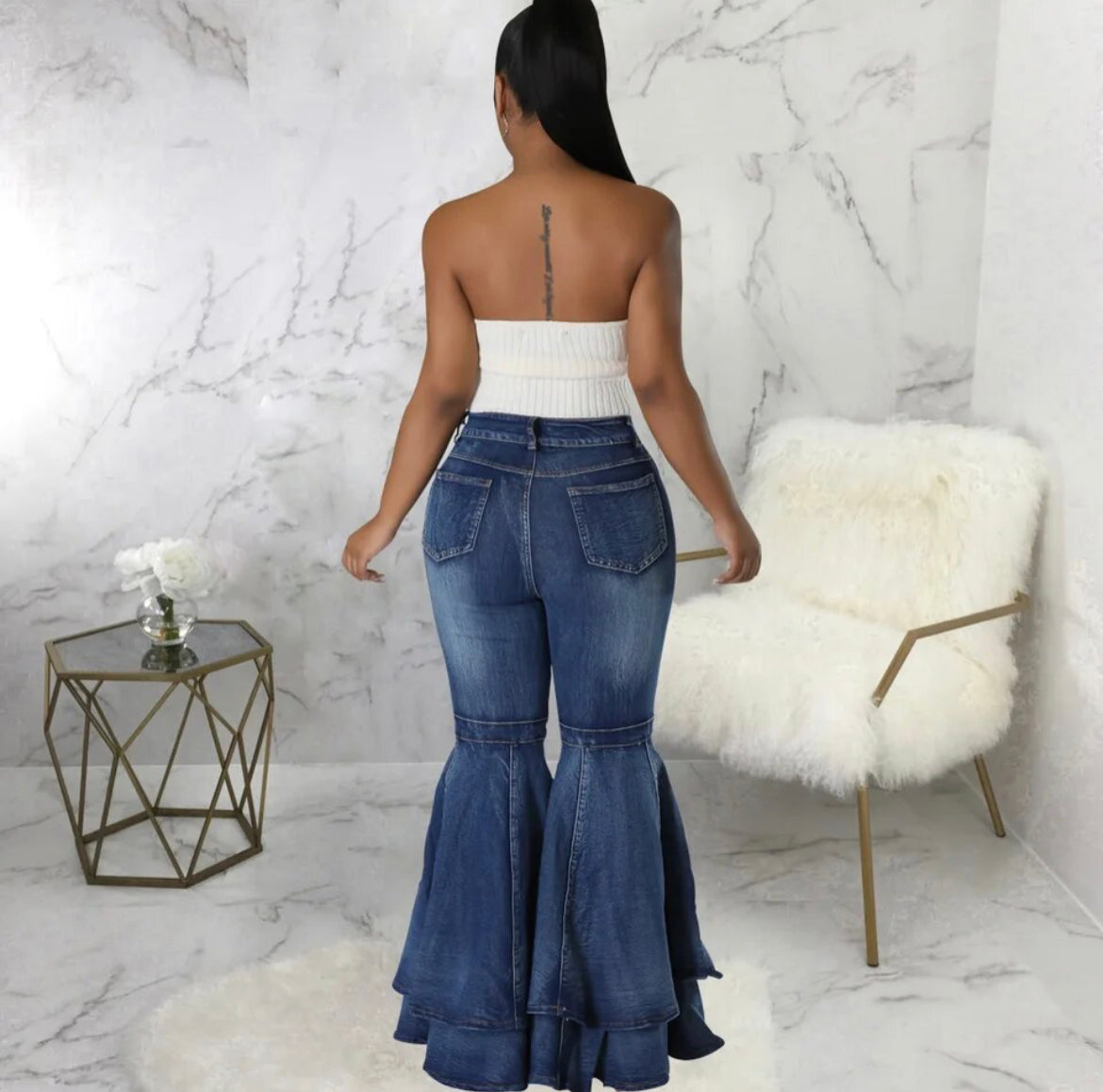 Medium Blue Stretchy Bodycon Double-Layered Bell Bottom Denim