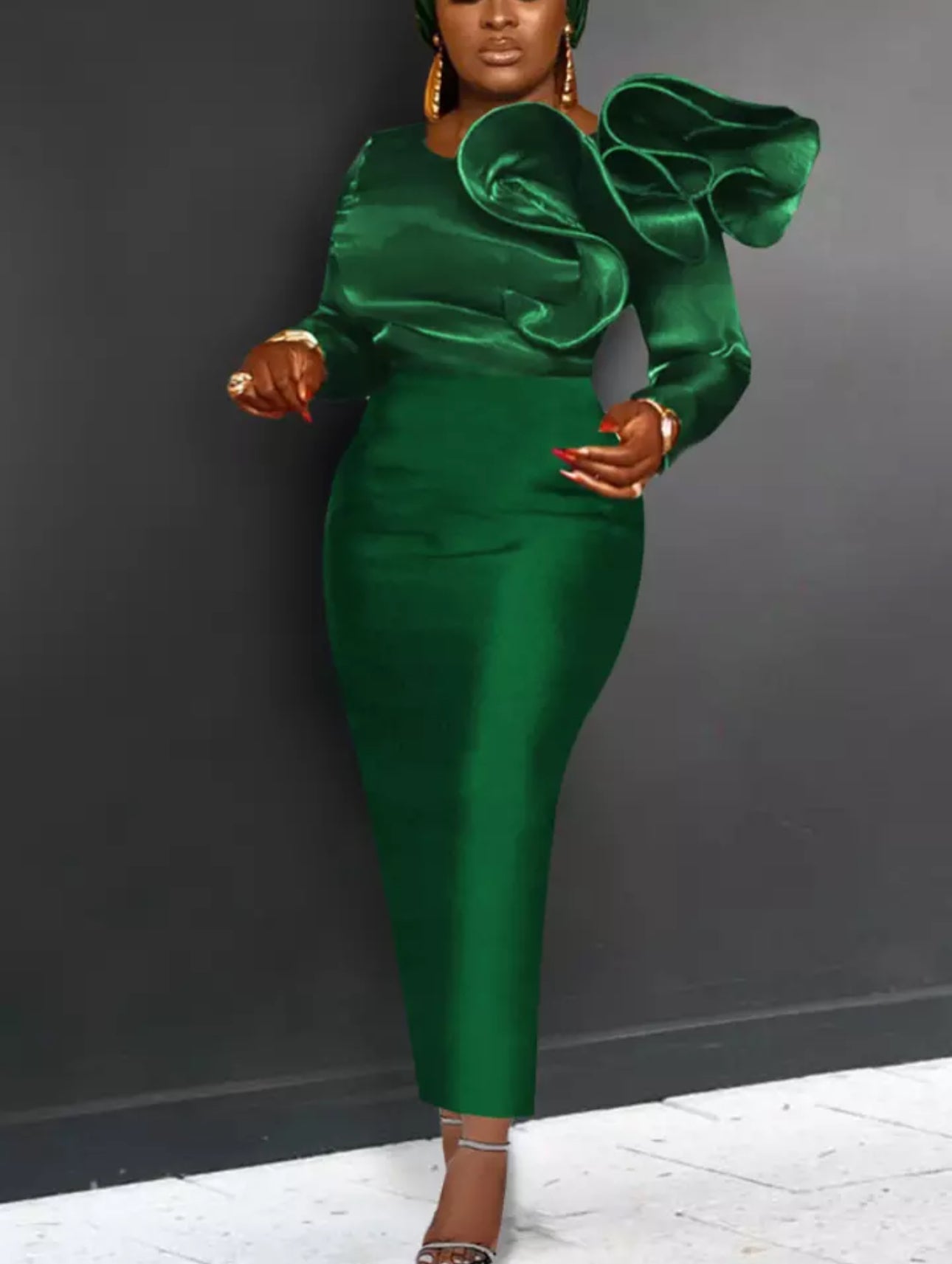 Green Elegant Long Sleeve Asymmetric Ruffle Midi Slim Evening Cocktail Dress