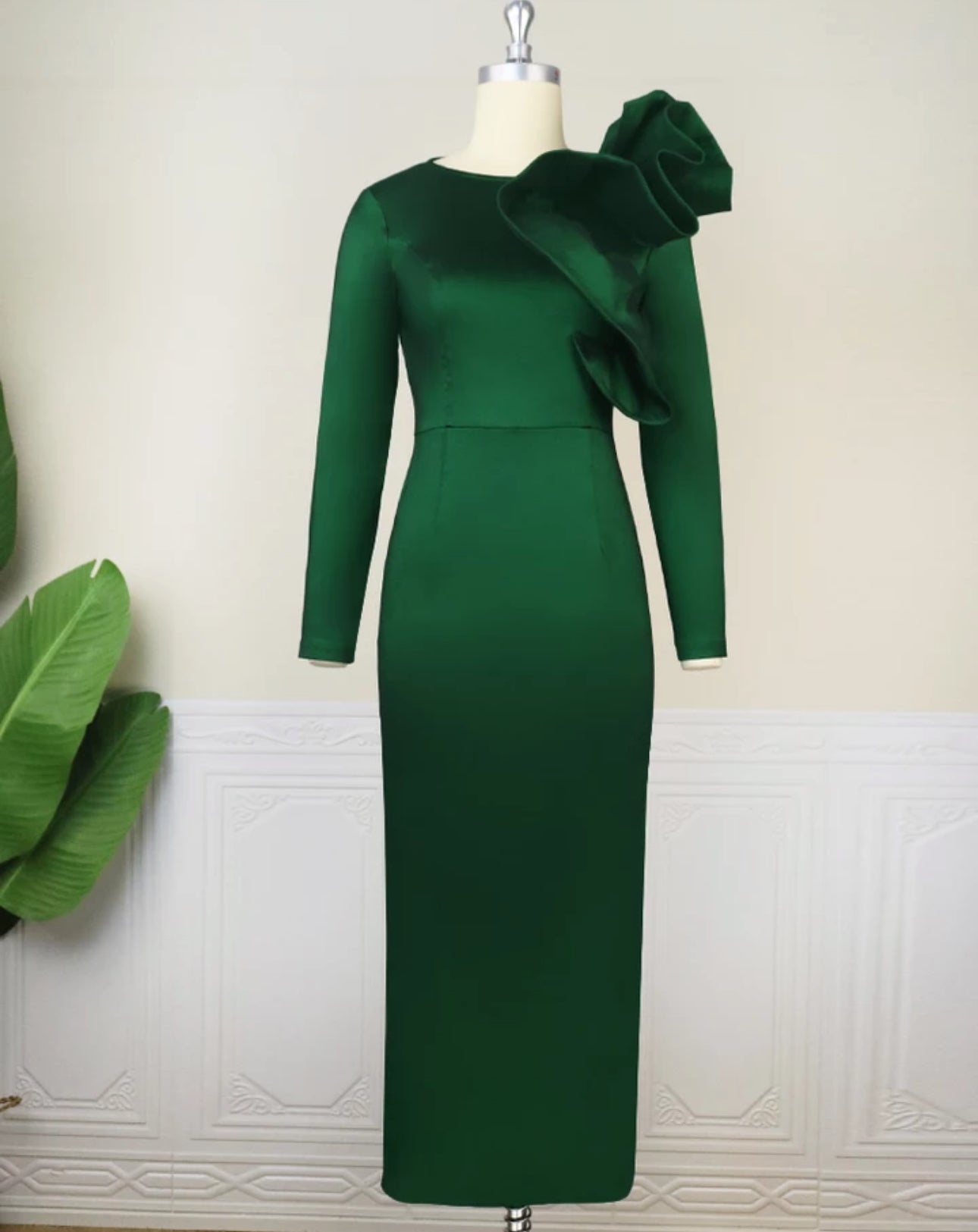 Green Elegant Long Sleeve Asymmetric Ruffle Midi Slim Evening Cocktail Dress