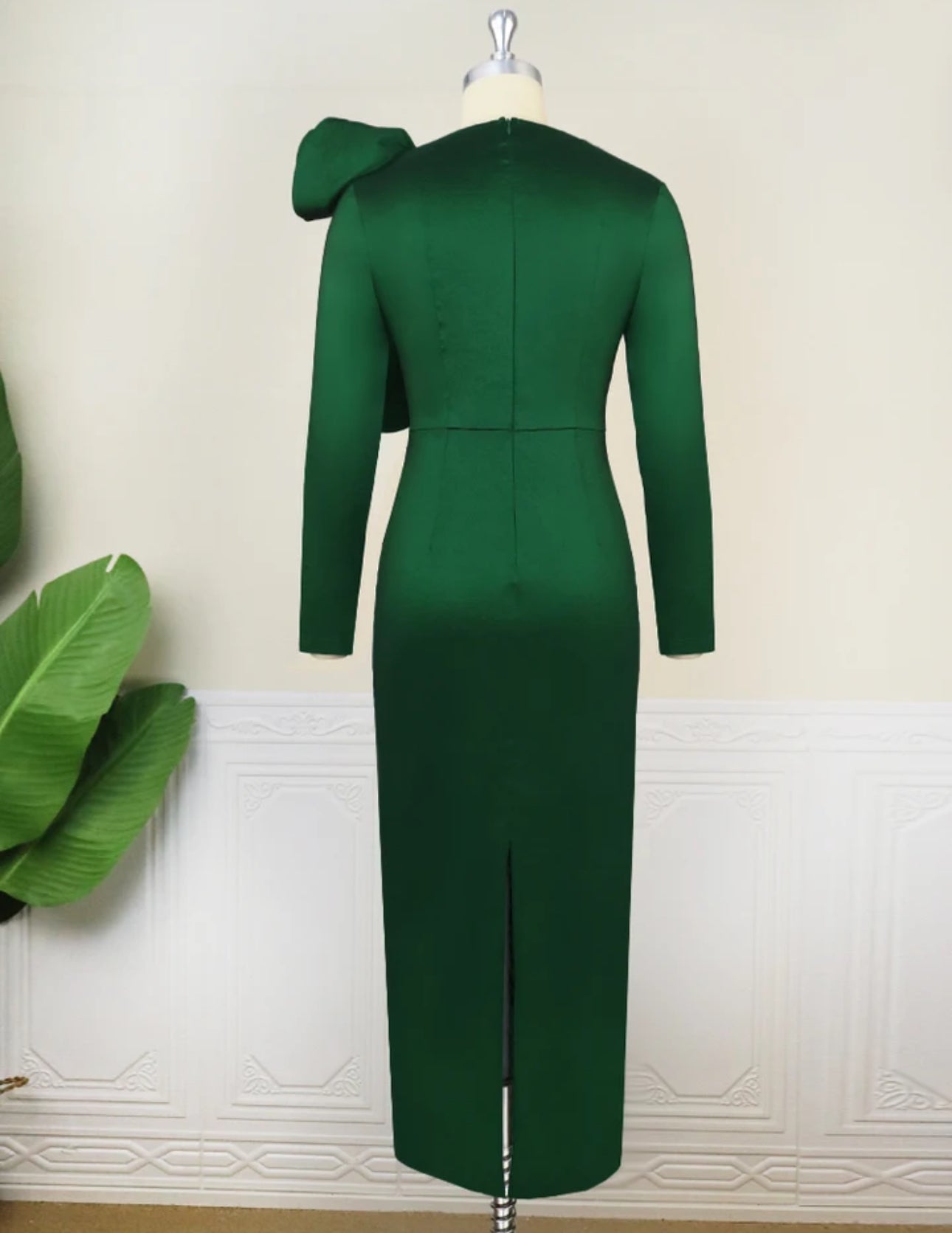 Green Elegant Long Sleeve Asymmetric Ruffle Midi Slim Evening Cocktail Dress
