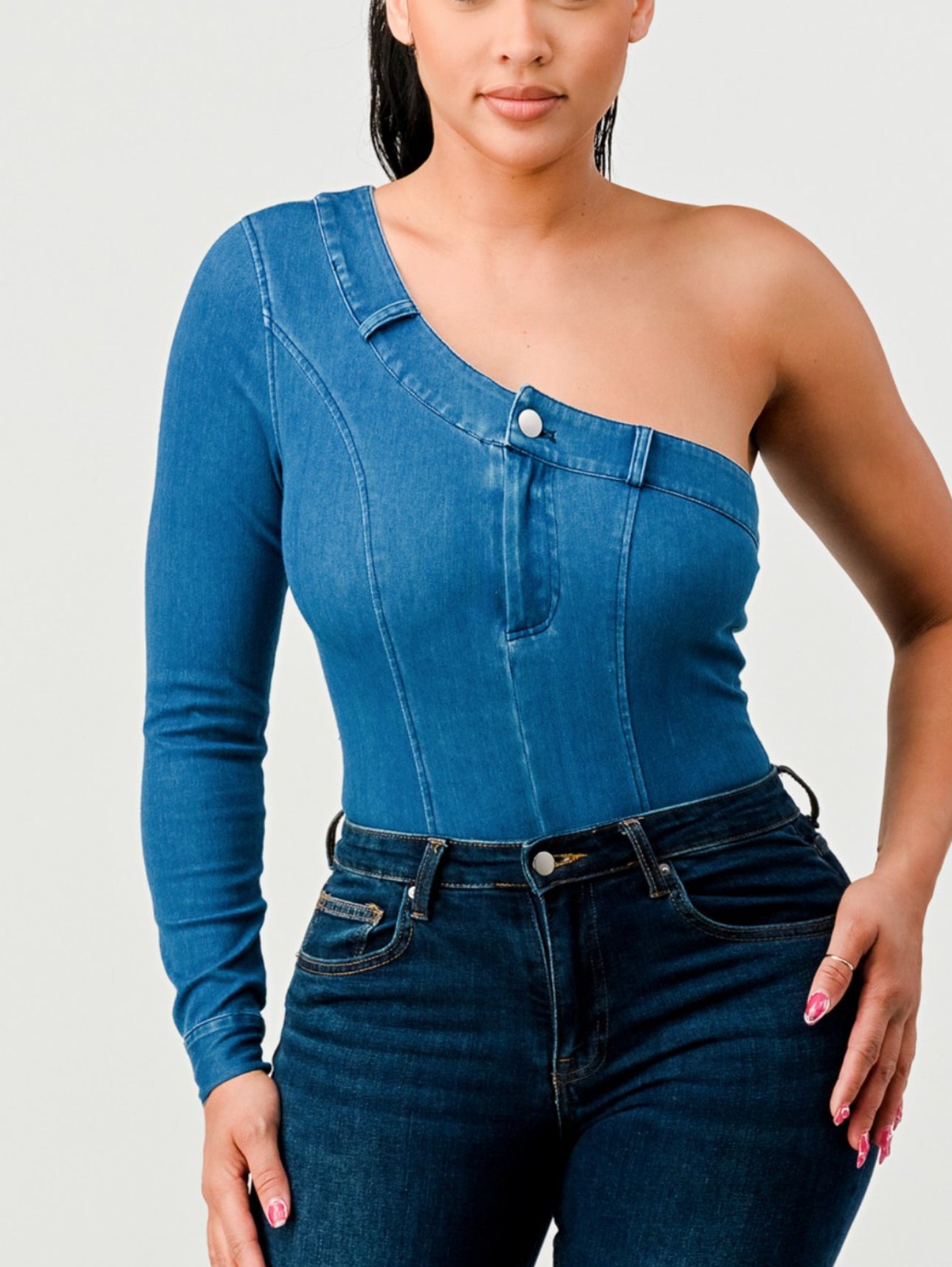 Denim One Long Sleeve, Off the Shoulder Button Closure Bodysuit
