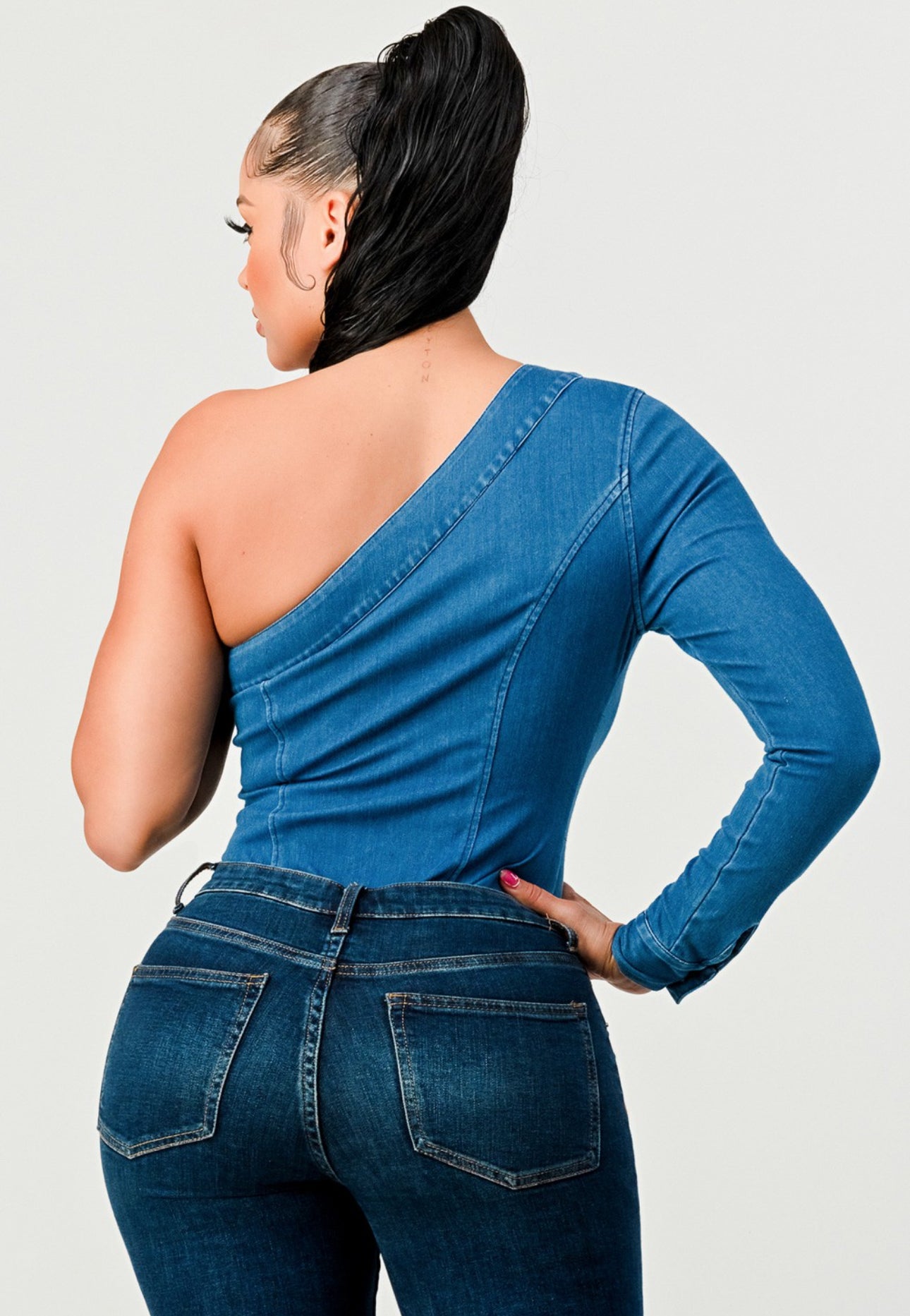 Denim One Long Sleeve, Off the Shoulder Button Closure Bodysuit