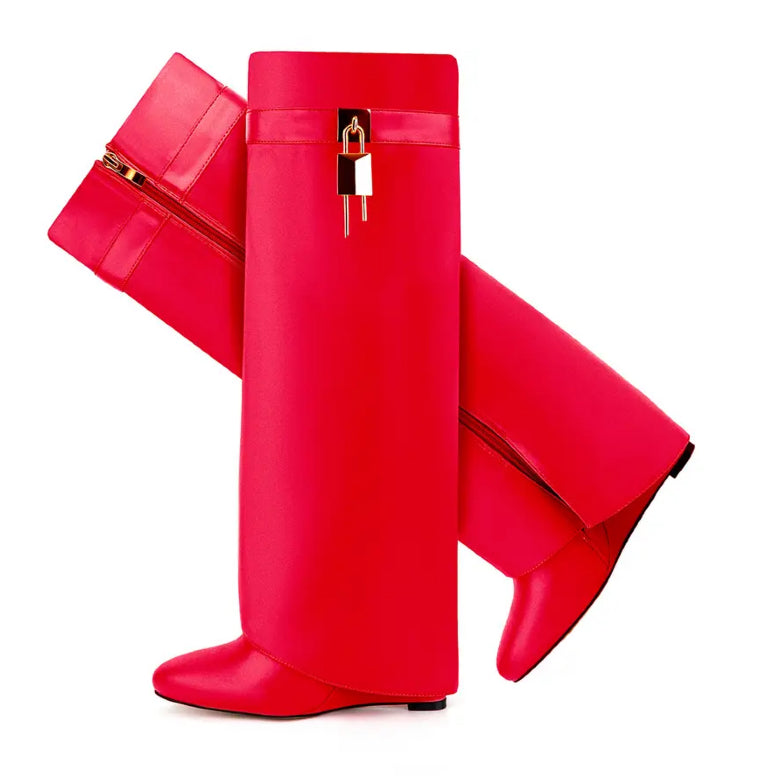 Red Shark Attack Knee Boots with Locks and Wedge Heels