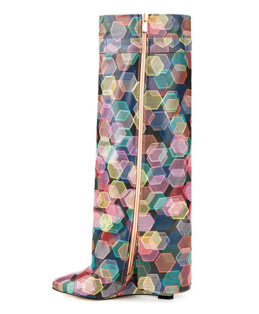 Multi-Color Hexagon Shark Attack Knee Boots