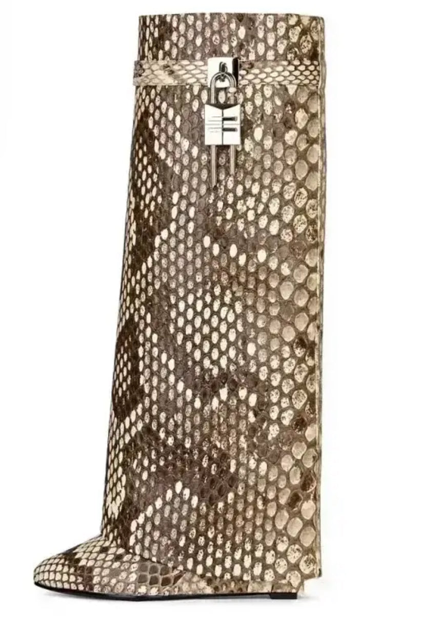 Rice Snake - Shark Attack Knee Boots with Locks & Wedge Heels