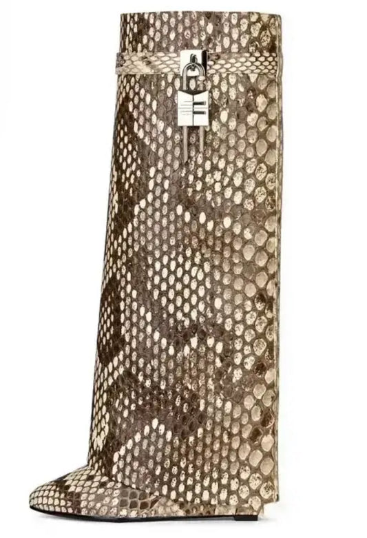 Rice Snake - Shark Attack Knee Boots with Locks & Wedge Heels