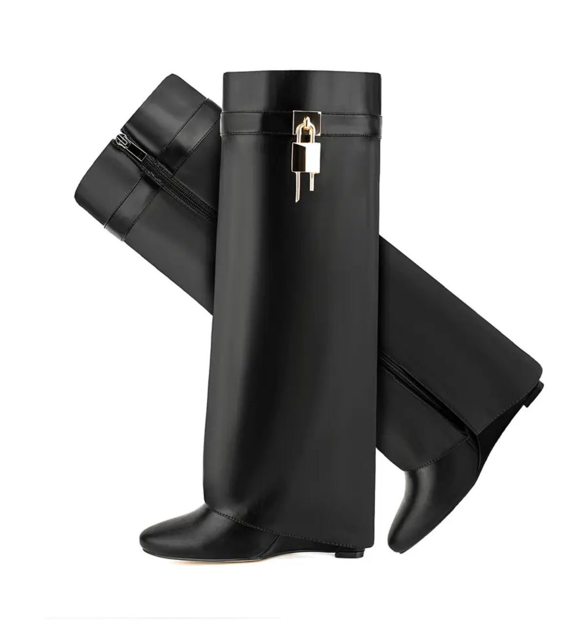 Black Shark Attack Knee Boots with Locks & Wedge Heels