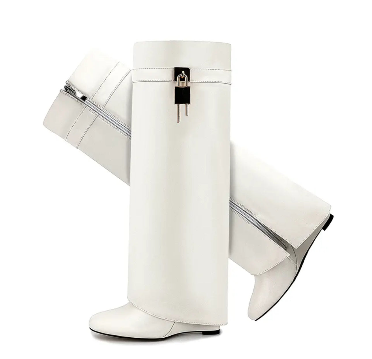 White Shark Attack Knee Boots with Locks and Wedge Heels