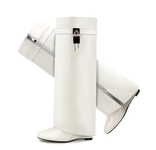 White Shark Attack Knee Boots with Locks and Wedge Heels