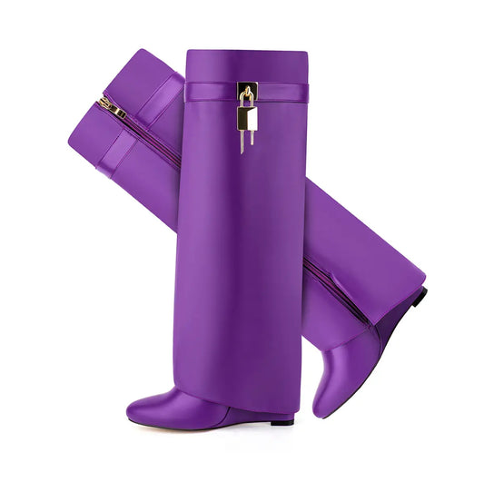 Purple Shark Attack Knee Boots with Locks and Wedge Heels