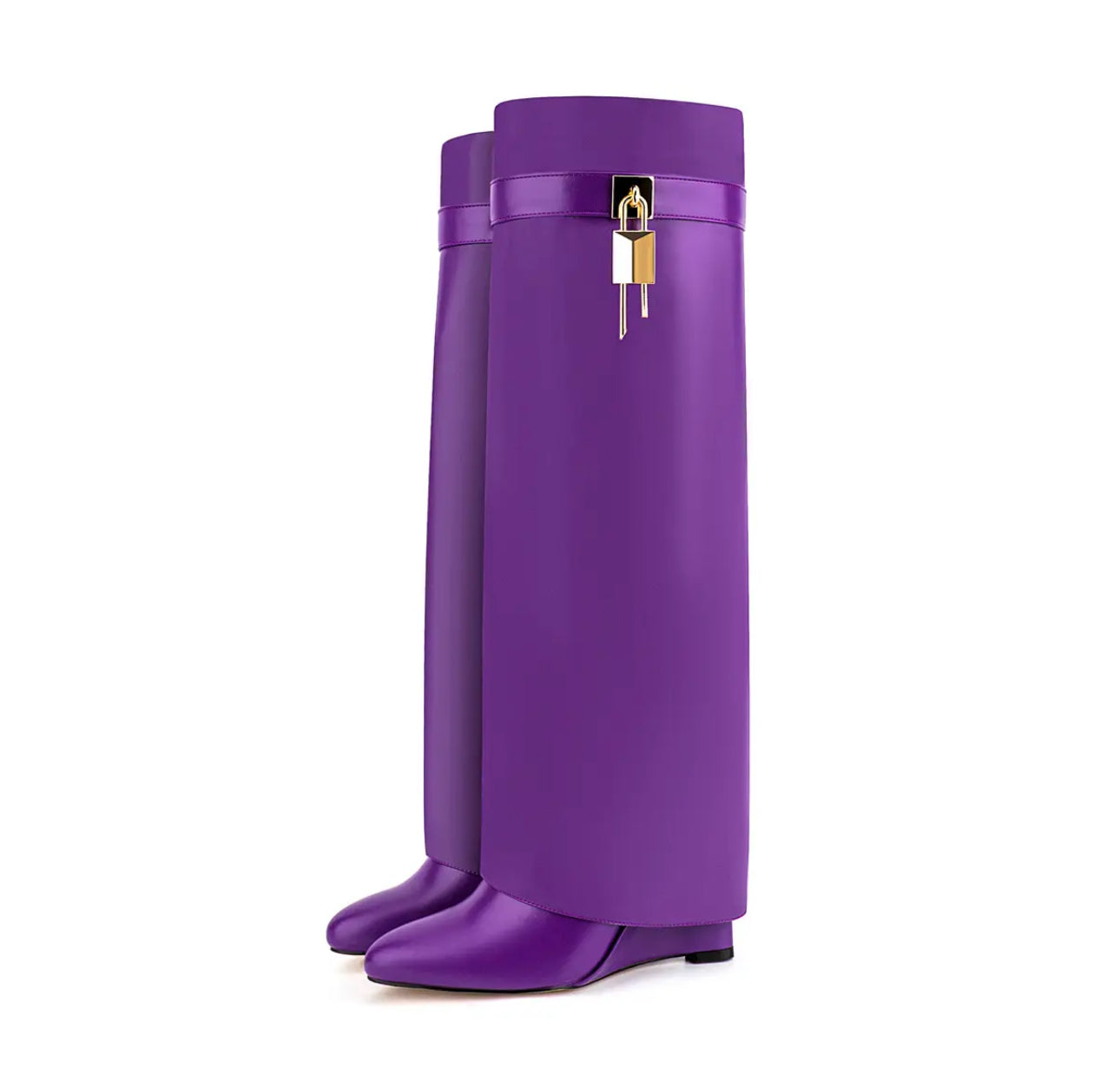 Purple Shark Attack Knee Boots with Locks and Wedge Heels