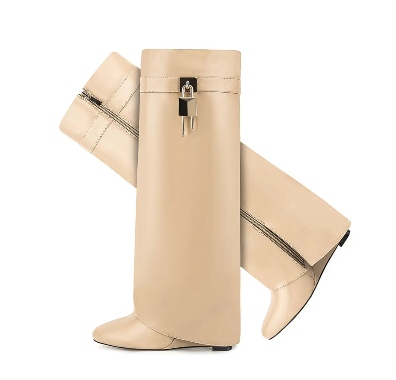 Apricot Shark Attack Knee Boots with Locks and Wedge Heels