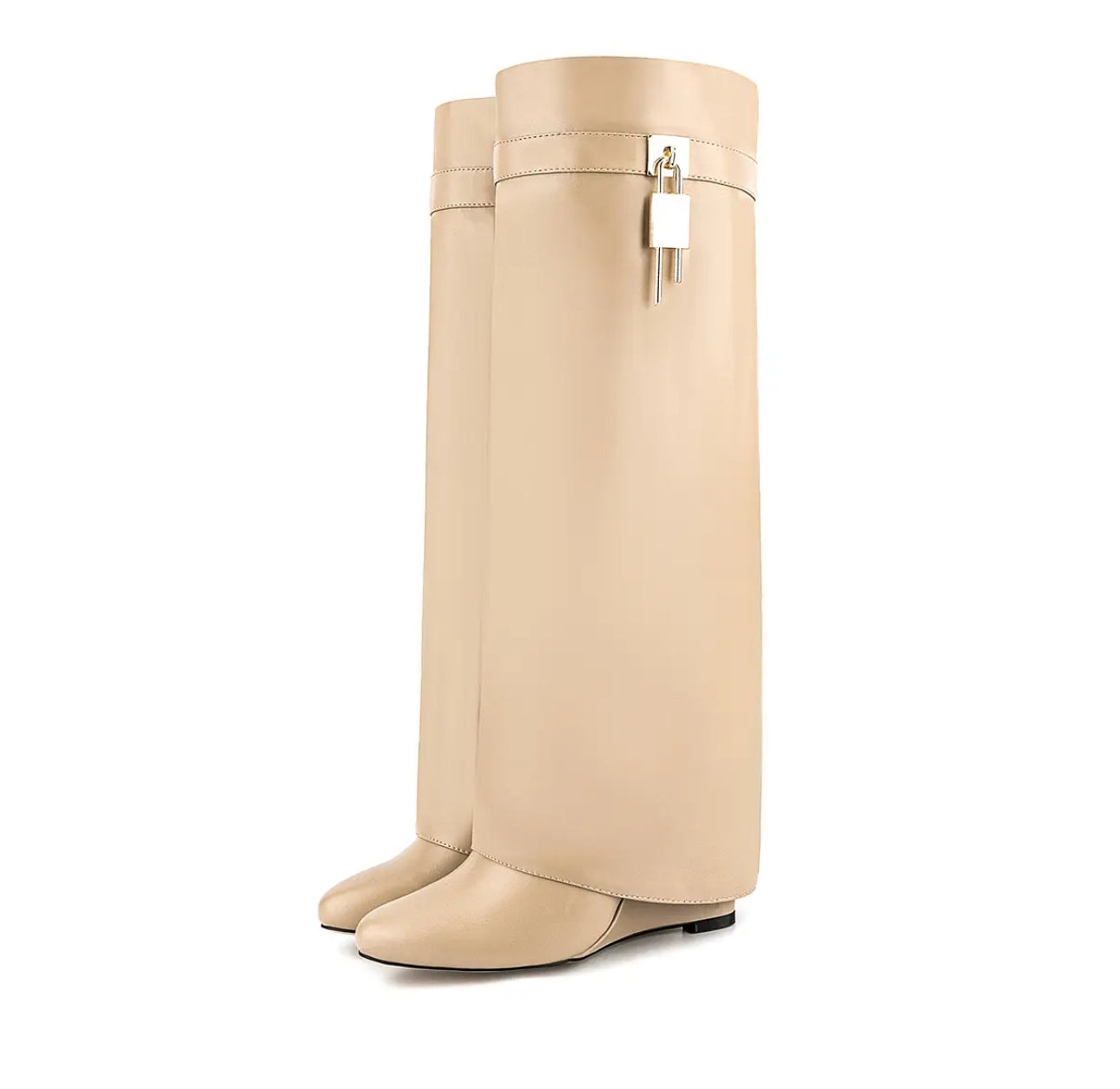 Apricot Shark Attack Knee Boots with Locks and Wedge Heels