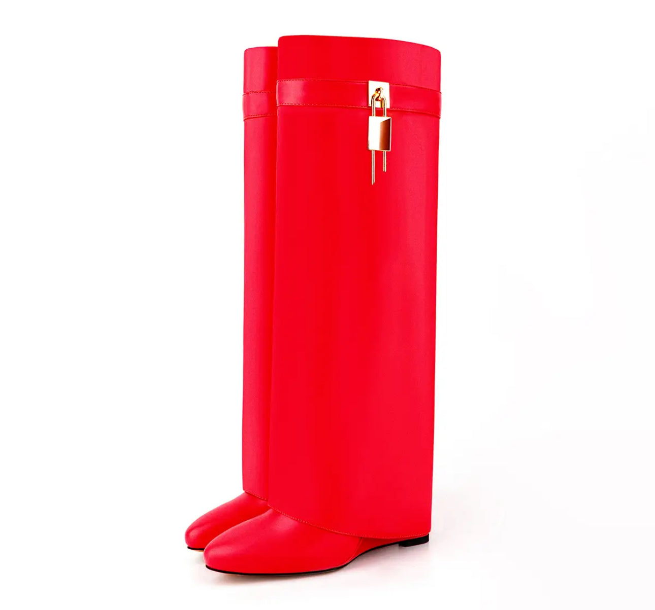 Red Shark Attack Knee Boots with Locks and Wedge Heels