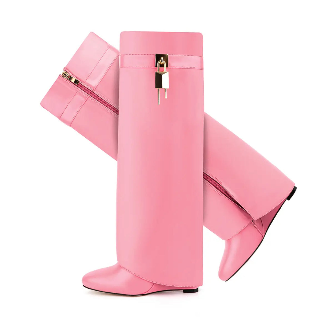 Pink Shark Attack Knee Boots with Locks and Wedge Heels