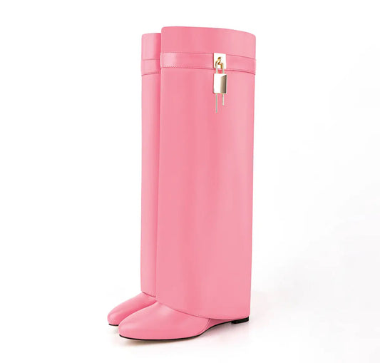 Pink Shark Attack Knee Boots with Locks and Wedge Heels