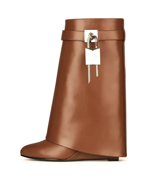 Brown Shark Attack Short Lock Skirt Boots with Wedge Heels
