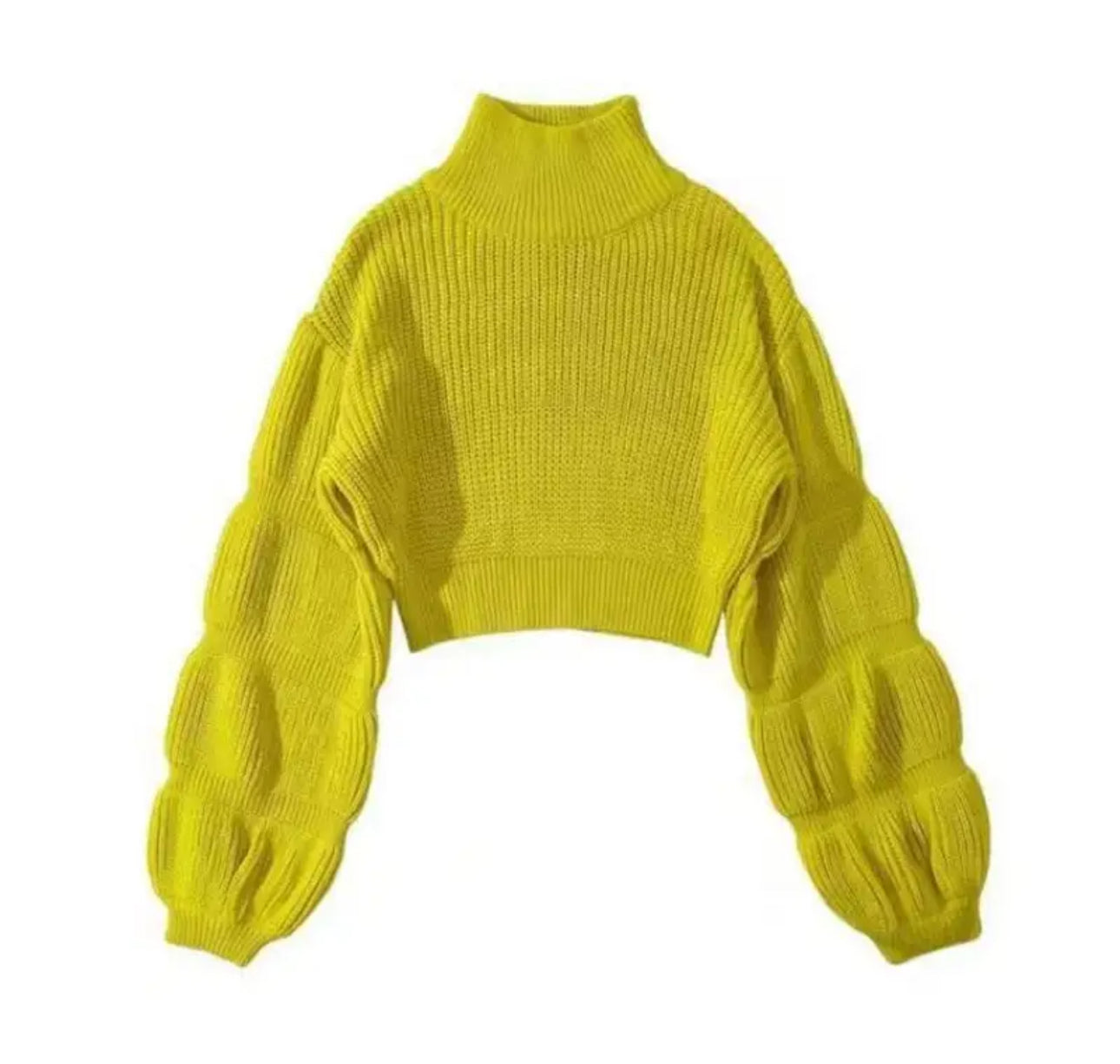 Cropped Bubble Long Sleeve Sweater (Yellow) - Turtleneck Collar