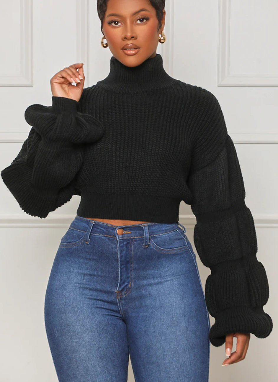 Cropped Bubble Long Sleeve Sweater (Black) - Turtleneck Collar