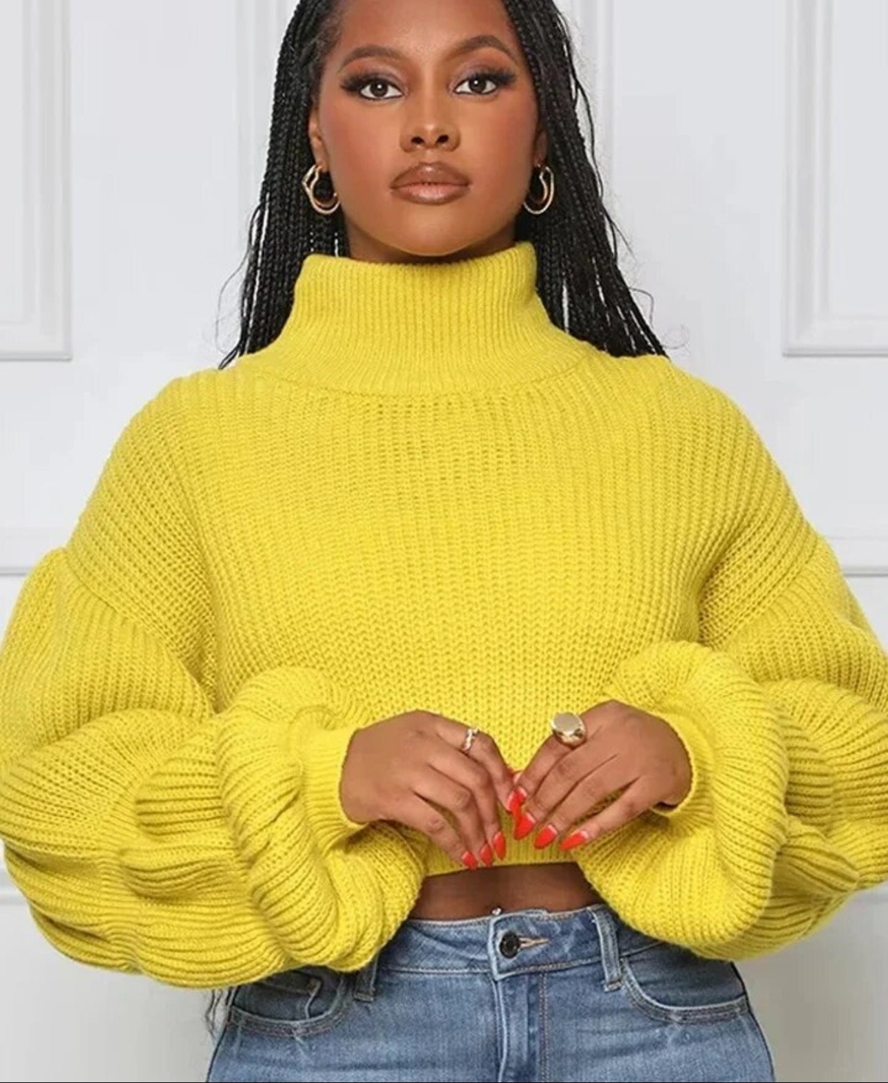 Cropped Bubble Long Sleeve Sweater (Yellow) - Turtleneck Collar