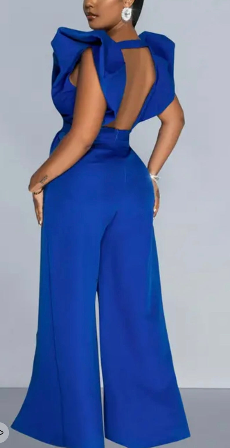 Blue Deep V-Neck Ruffle Sleeve Long Wide Slit Leg Pants - One Piece Jumpsuit