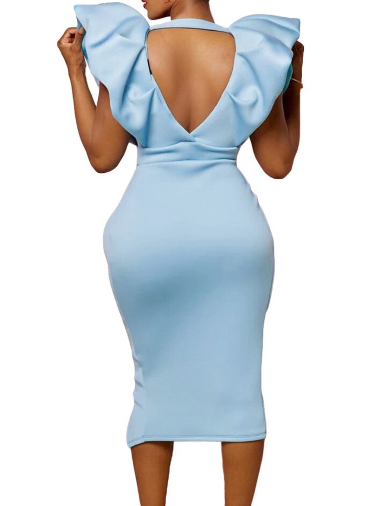 Blue Deep V-Neck Ruched High Waist Cocktail Party Dress