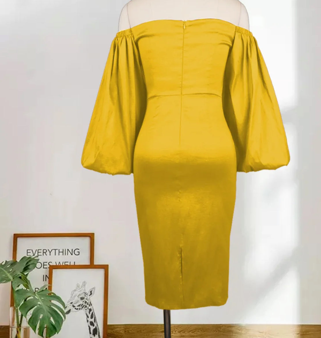 Sexy Yellow Lantern Long Sleeve Tube Top Strapless Off Shoulder Cocktail Evening Dress