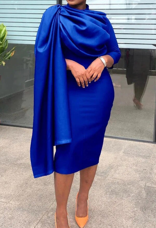 Blue Ruched Layered Cloak Sleeve Solid Ruffle BodyCon Pencil Dress