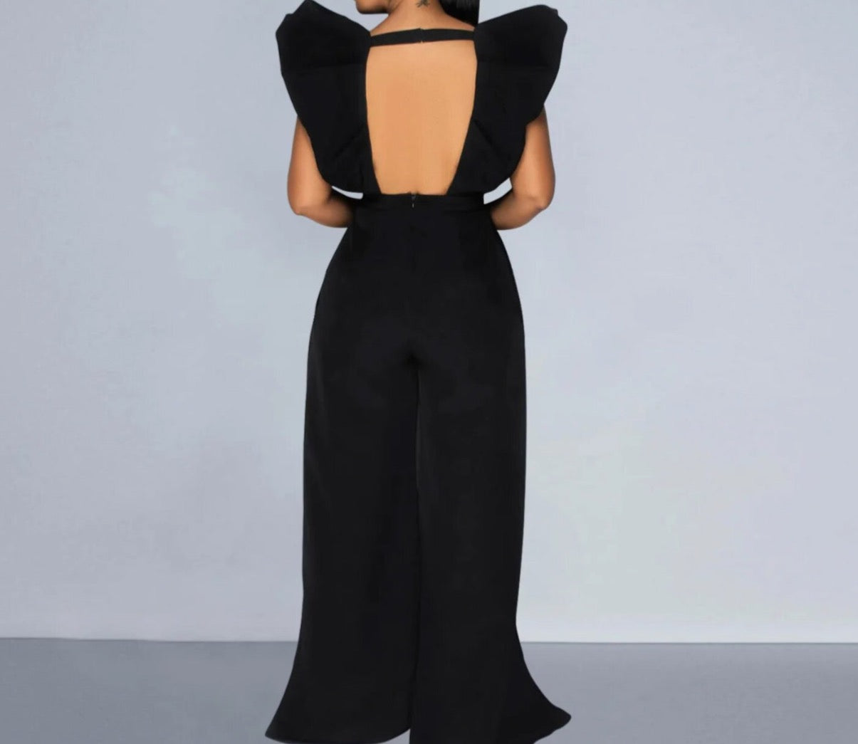 Black Deep V-Neck Ruffle Sleeves Long Wide Slit Leg Pants - One Piece Jumpsuit