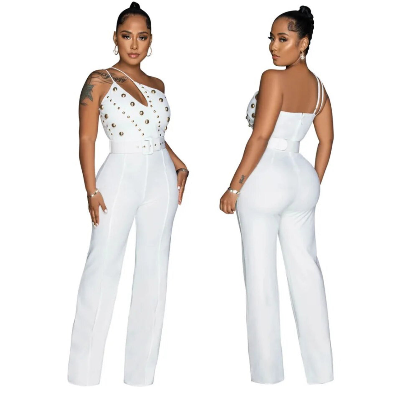 White Beaded Asymmetrical Inclined Shoulder Rivet BodyCon Wide Leg Jumpsuit Romper with Belt