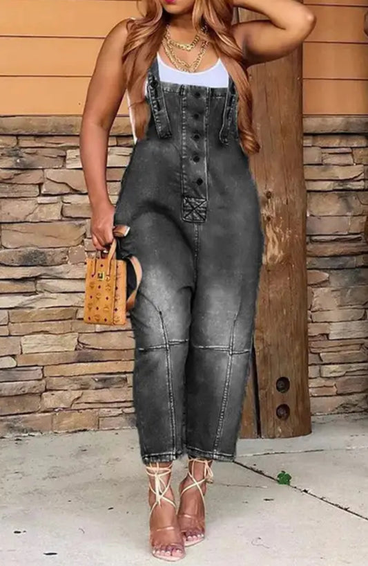 Black Denim Pocket Design Buttoned Suspender High Waist Ankle Length Overall Jumpsuit