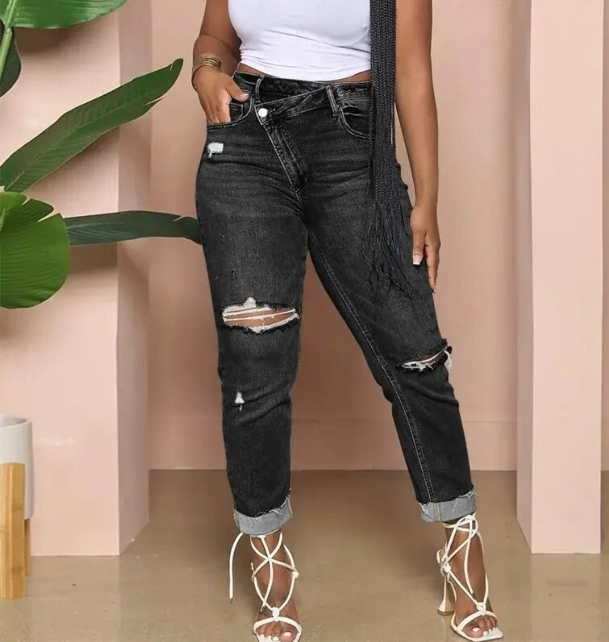 Black Asymmetrical Button Stretch Denim Pants