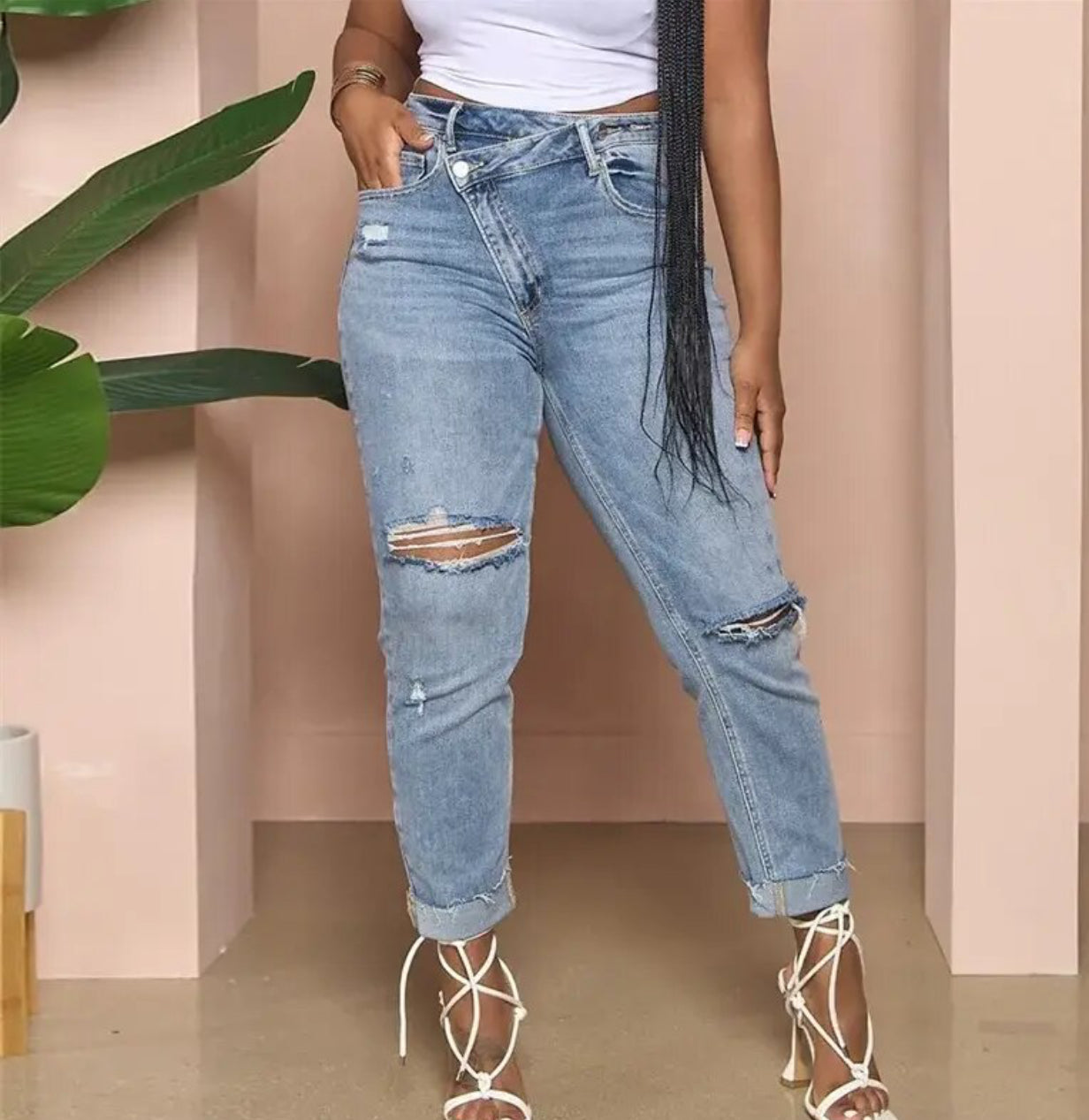 Asymmetrical Button Stretch Ankle Length Denim Pants