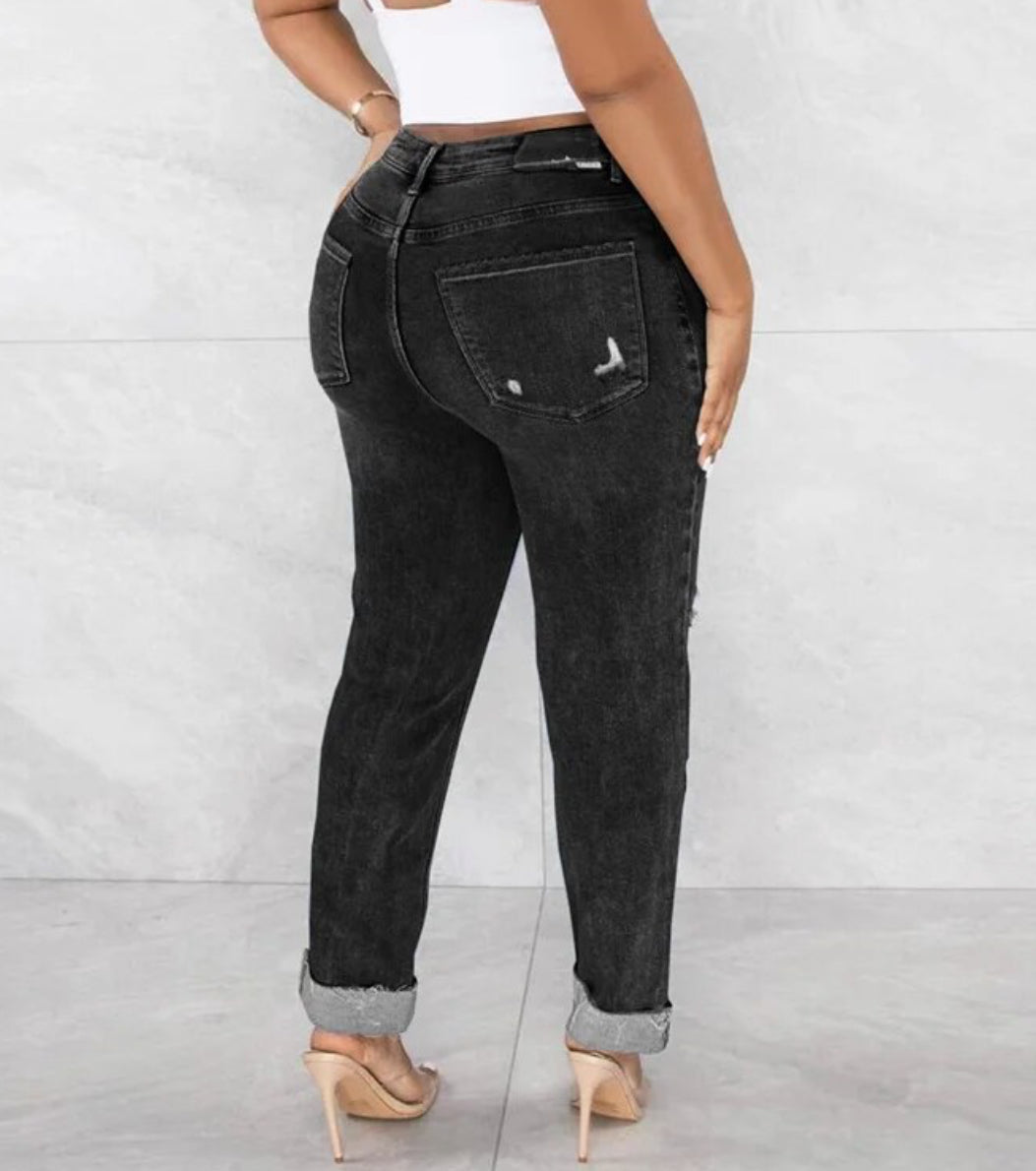 Black Asymmetrical Button Stretch Denim Pants