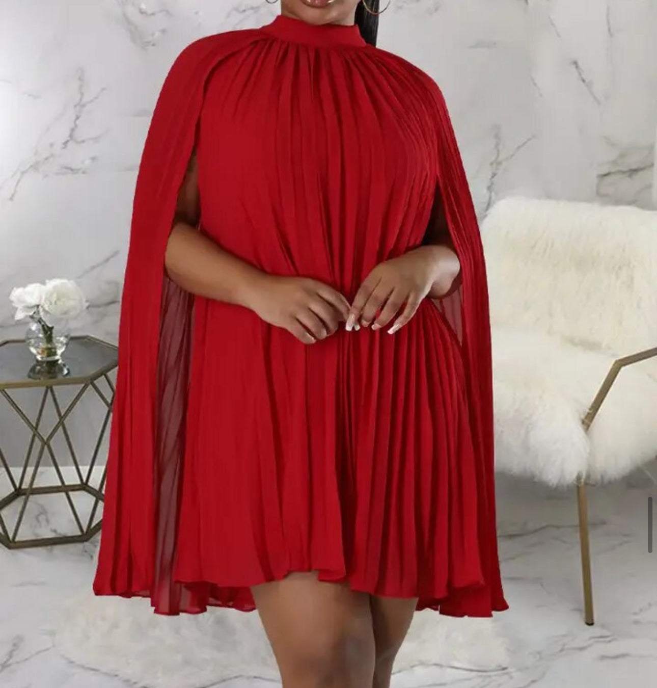 Red Mock Neck Cloak Sleeve Oversized Pleated Cape Dress