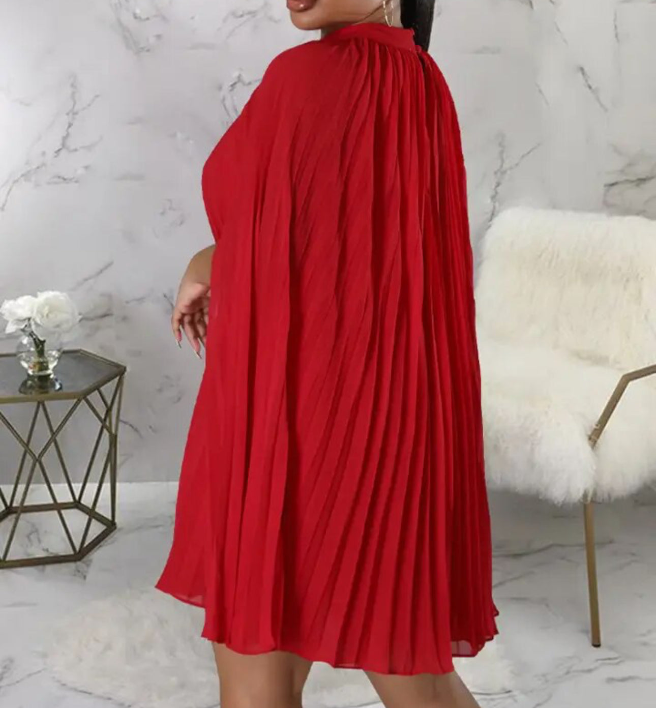 Red Mock Neck Cloak Sleeve Oversized Pleated Cape Dress