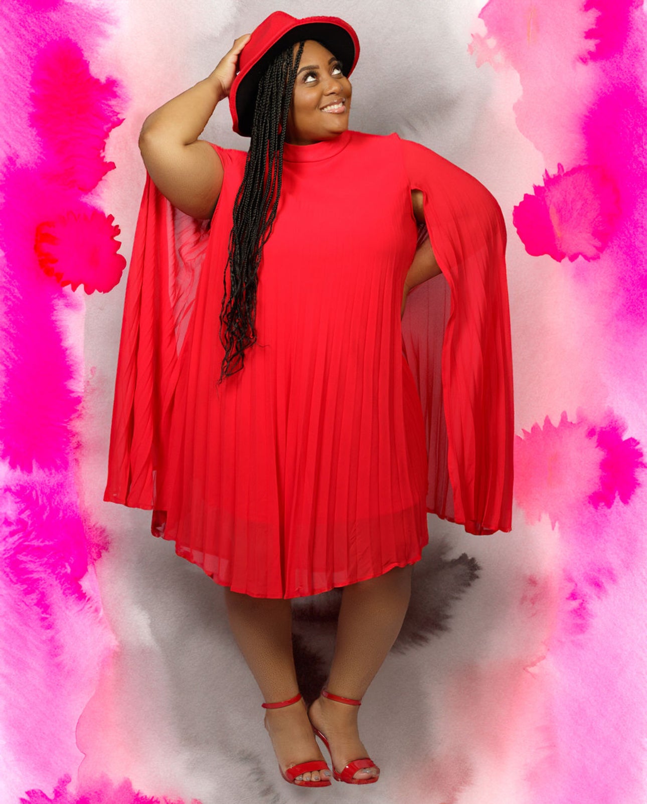 Red Mock Neck Cloak Sleeve Oversized Pleated Cape Dress