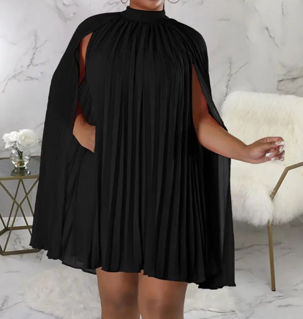 Black Mock Neck Cloak Sleeve Oversized Pleated Dress