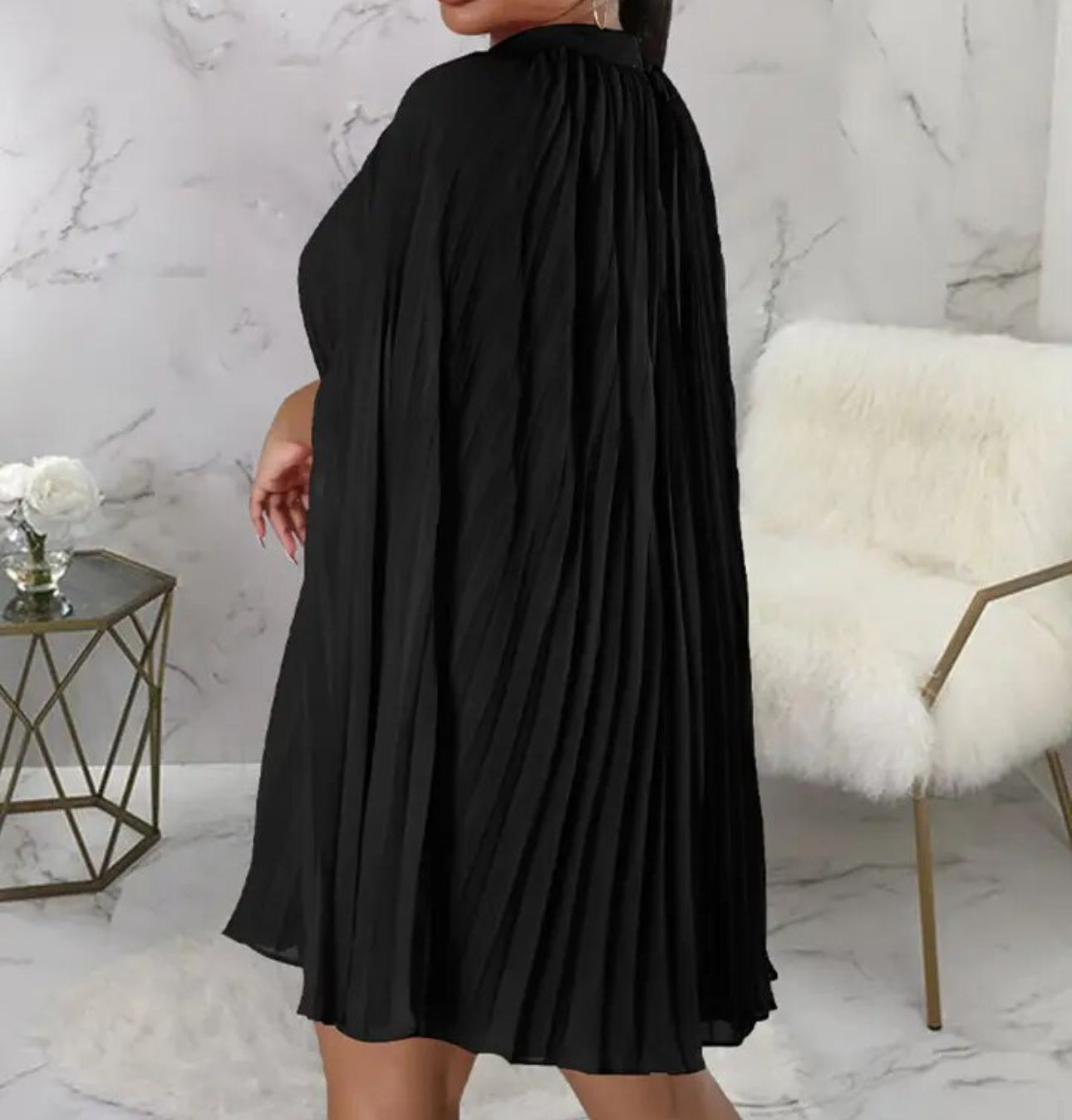 Black Mock Neck Cloak Sleeve Oversized Pleated Dress