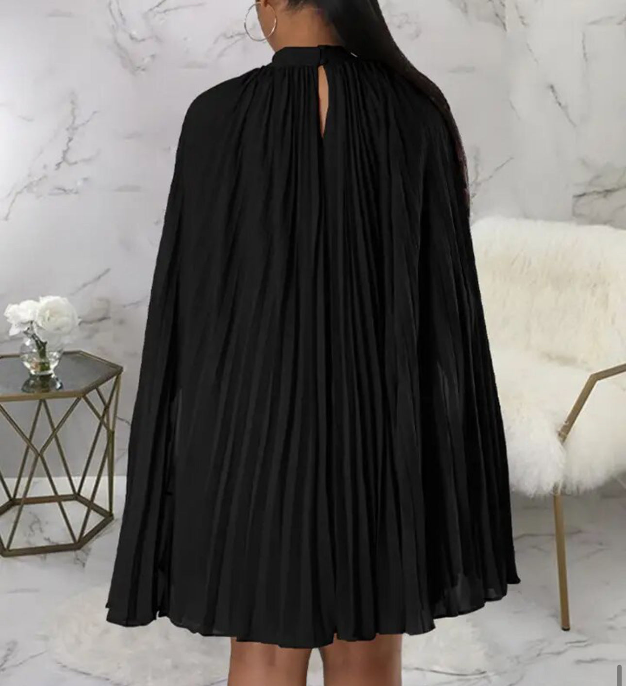 Black Mock Neck Cloak Sleeve Oversized Pleated Dress