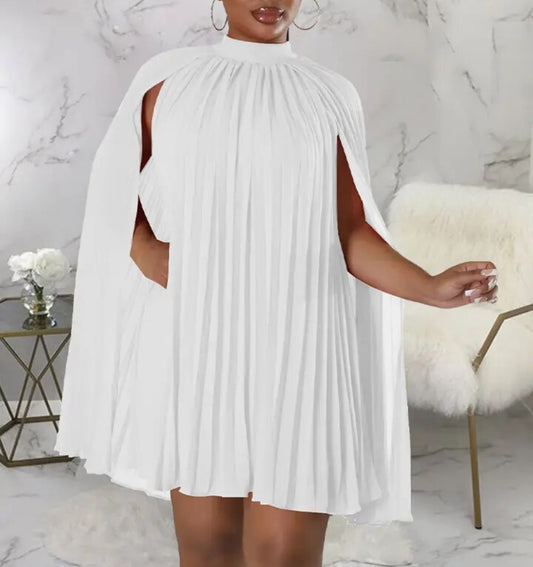 White Mock Neck Cloak Sleeve Oversized Pleated Cape Dress