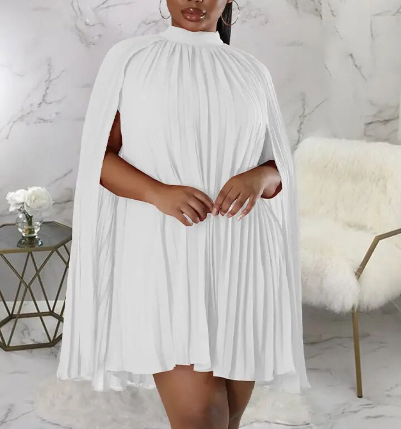 White Mock Neck Cloak Sleeve Oversized Pleated Cape Dress