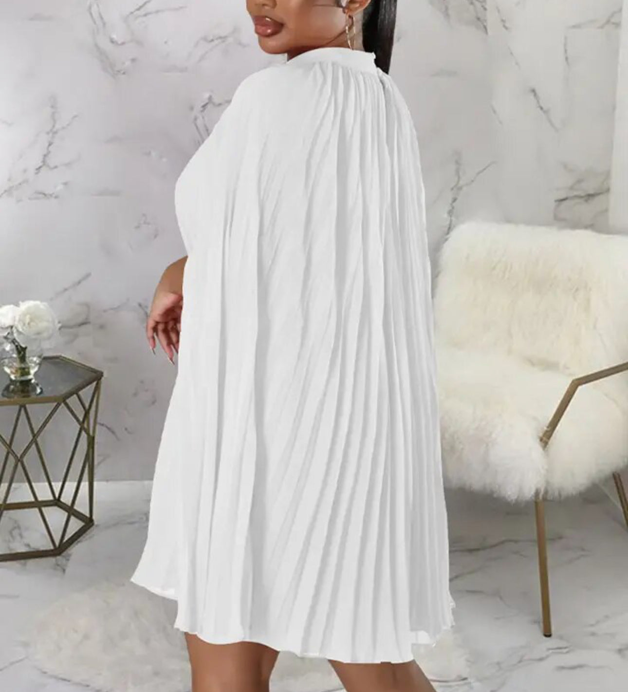 White Mock Neck Cloak Sleeve Oversized Pleated Cape Dress