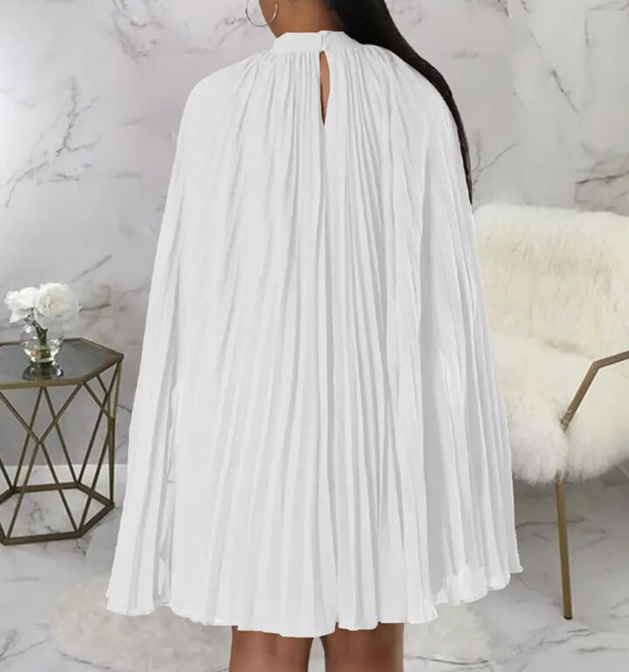 White Mock Neck Cloak Sleeve Oversized Pleated Cape Dress