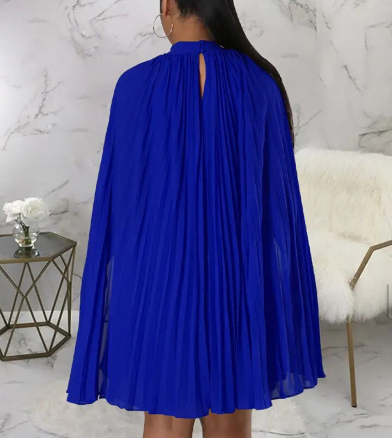 Blue Mock Neck Cloak Sleeve Oversized Pleated Cape Dress