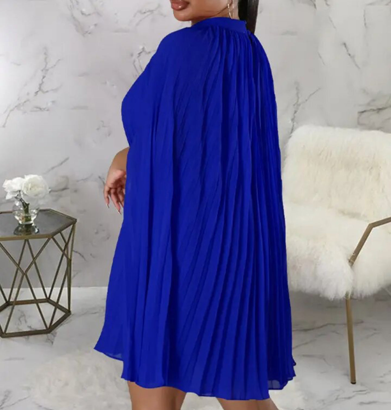 Blue Mock Neck Cloak Sleeve Oversized Pleated Cape Dress