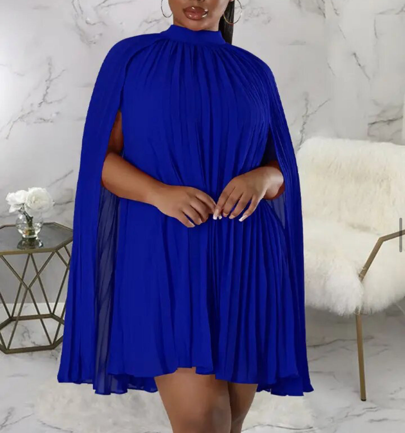 Blue Mock Neck Cloak Sleeve Oversized Pleated Cape Dress