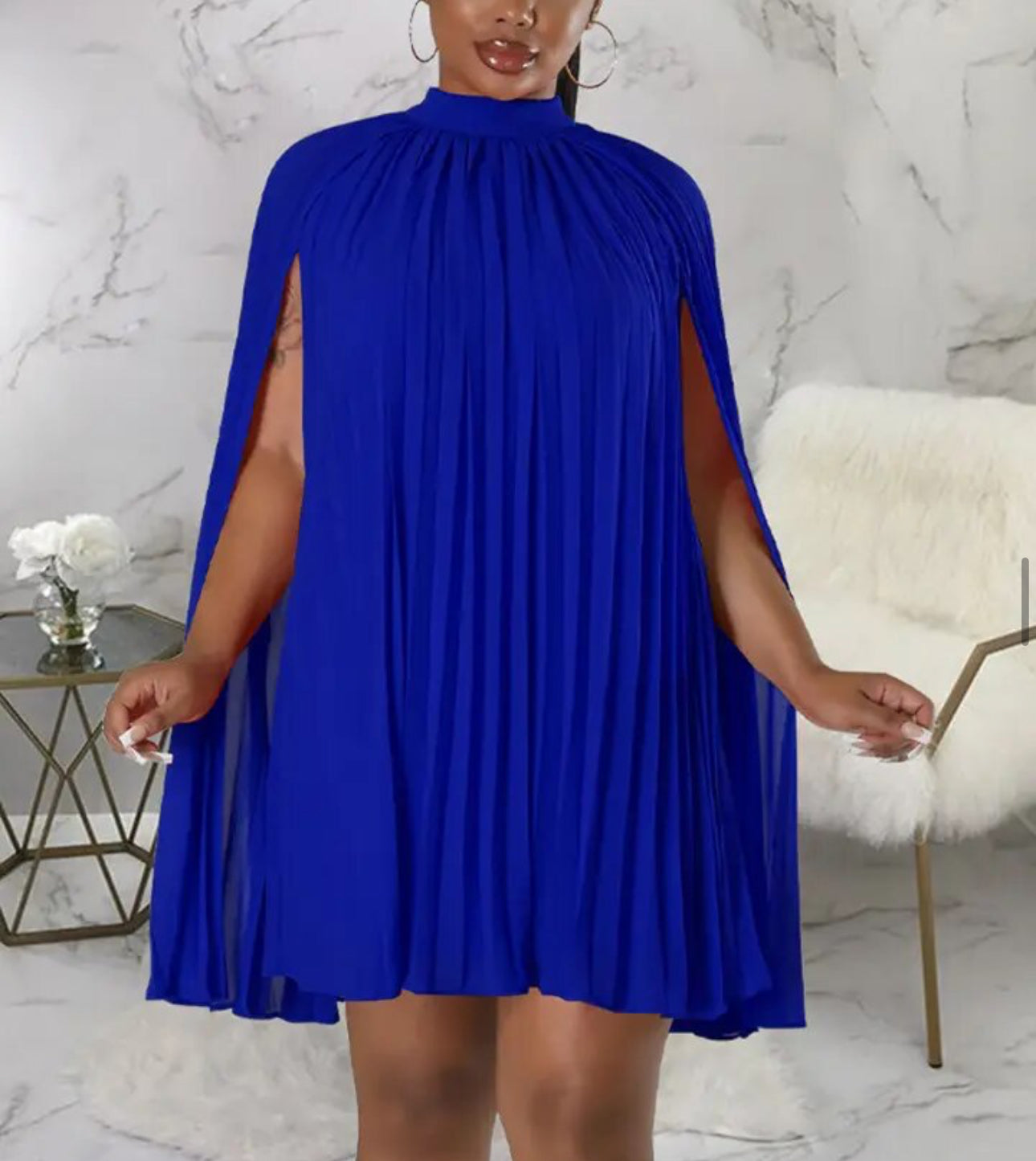 Blue Mock Neck Cloak Sleeve Oversized Pleated Cape Dress