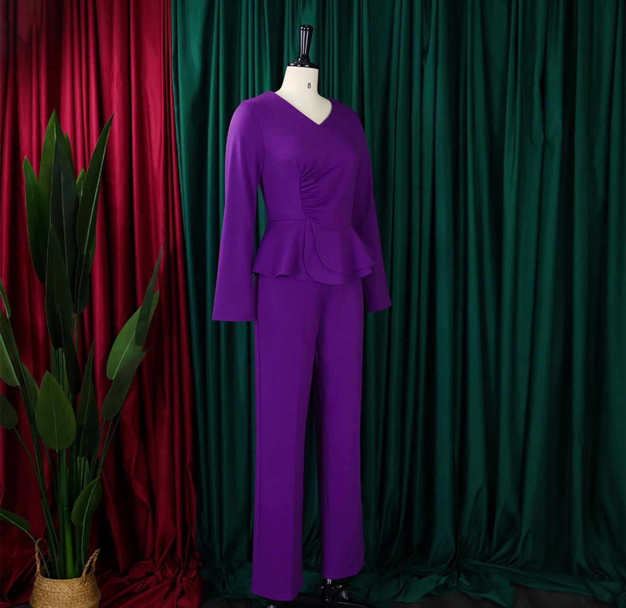 Purple Ruched Layered 2 Piece Pants Set