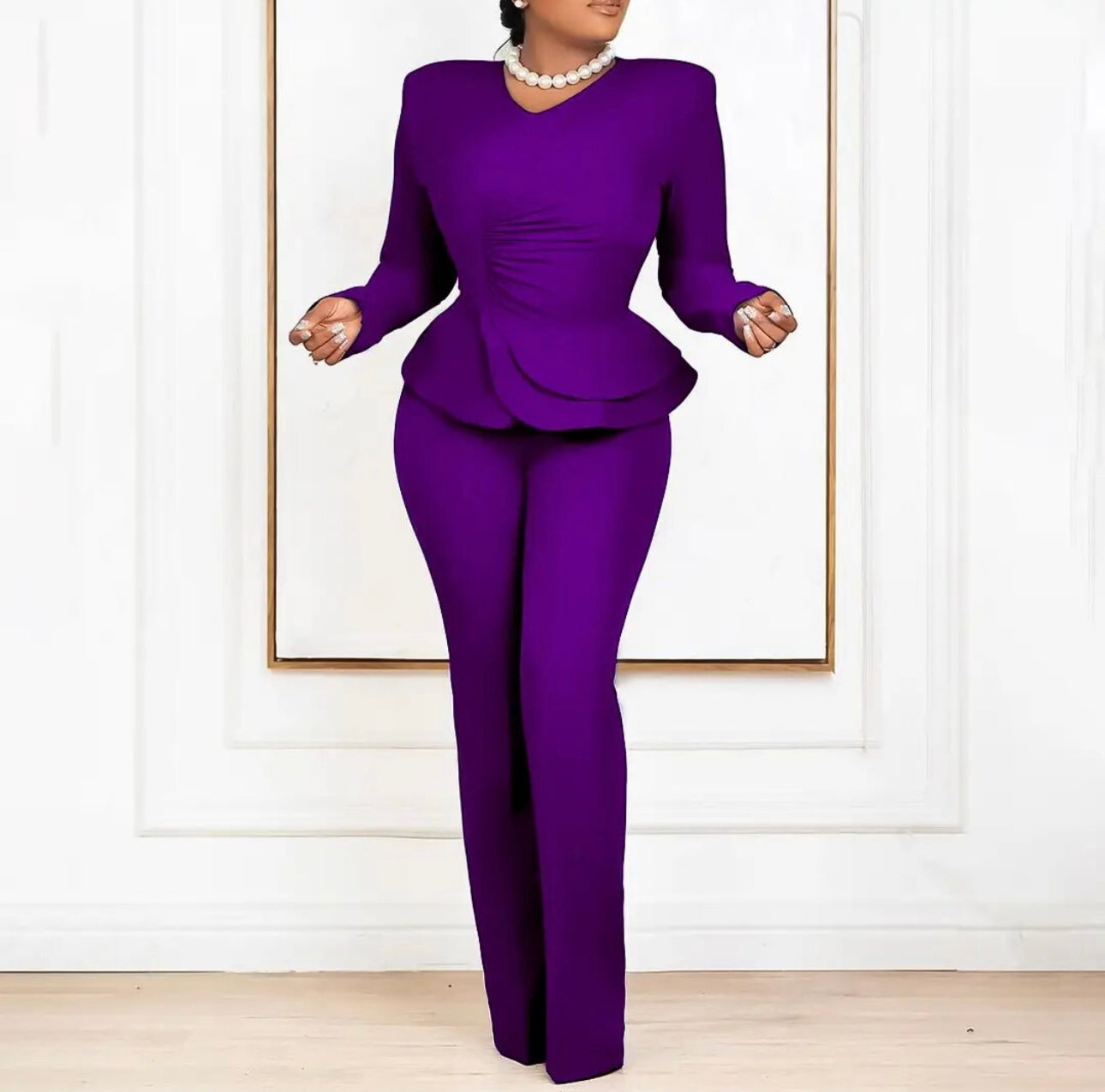 Purple Ruched Layered 2 Piece Pants Set